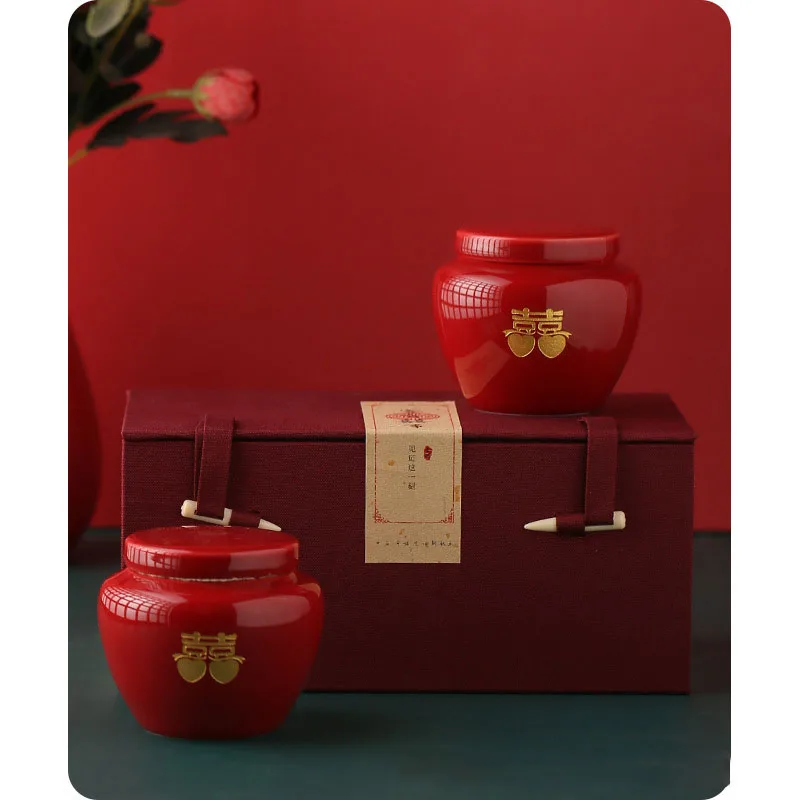 Ceramic Red Double Happiness Sealed Tea Candy Dish, Food Storage Jar, Chinese Traditional Red, Wedding Party Supplies, Gifts