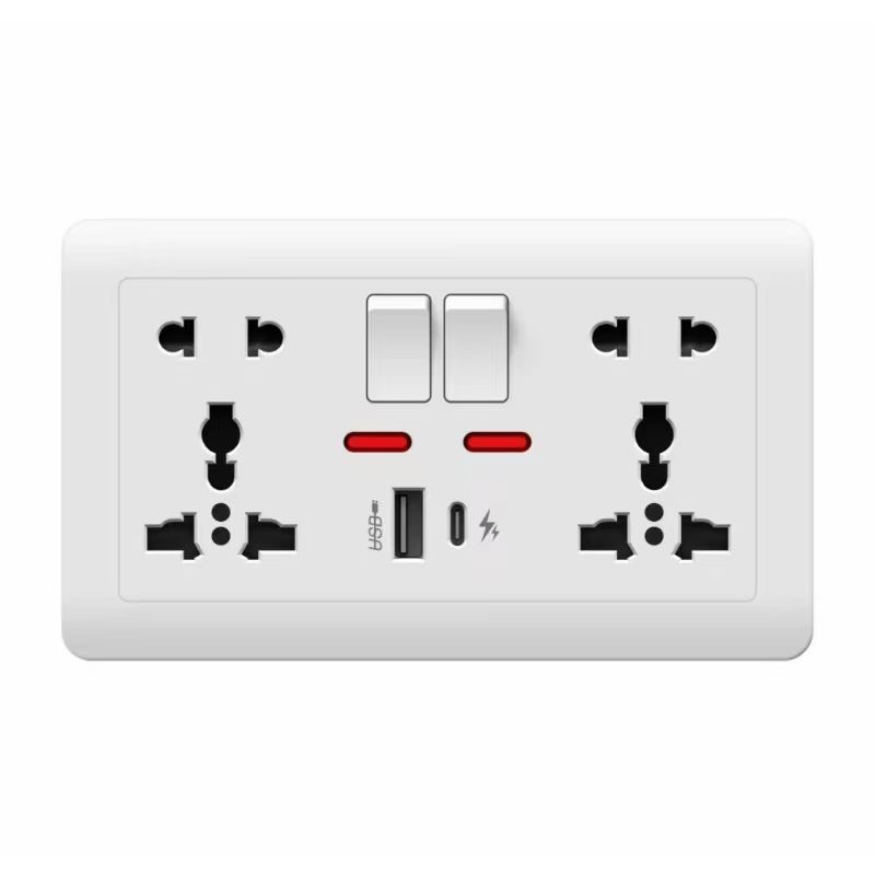 86/146 Wall Power Supply Multi-function 3/5-pin Universal Socket with 2.1A  10W Dual USB Type-c Charging Ports, 13A UK Socket