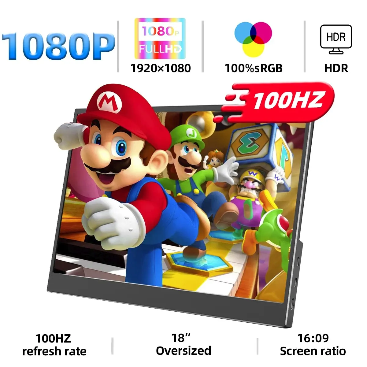 ZSUS Portable Monitor 18 Inch Model 1080P, 100Hz 16:9 HDR 100% sRGB 350cd M² for Xbox PS4 PS5 Switch Cell Phone PC Laptop Extension