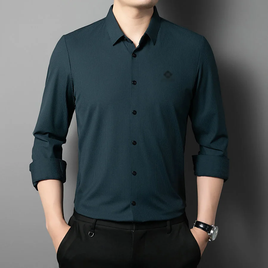 

2022 Autumn Men Smart Casual Shirts Dark Green Black Dark Stripe Fabric Tops Male Business Plain Colour Basic Clothings