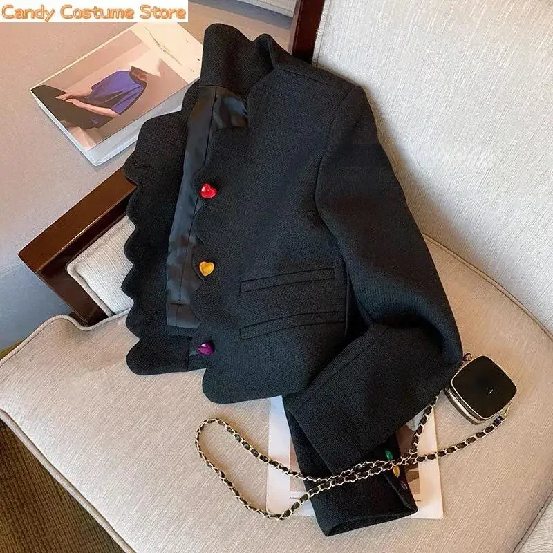 Vintage Streetwear Jackets Design Love Buttons  Casual Coat Women Spring New Elegant Loose Long Sleeve All Match Chic Tops