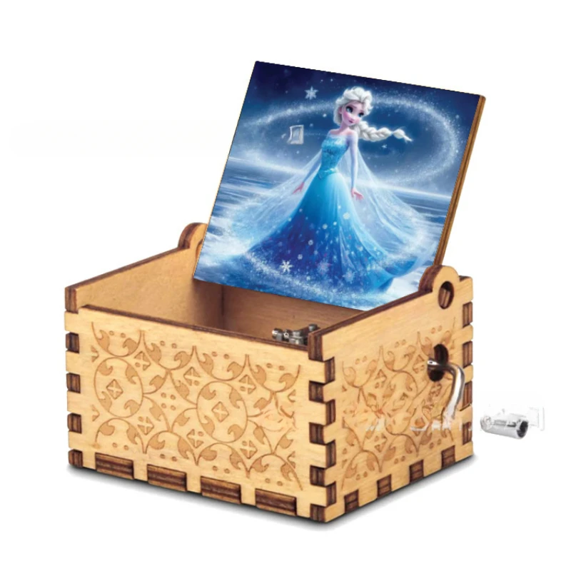 Wooden music box ornament Classical engraving hand crank Princess Elsa music box Frozen music box wholesale 4
