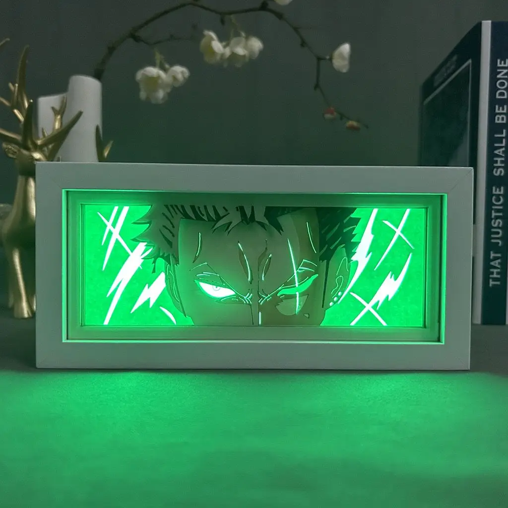 thumbnail image 1 of Periféricos de anime One Piece, figura de Zoro, luz LED, papel cortado, caja de sombras, figuras de Luffy, caja de luz, adornos de escritorio, juguetes, regalos de cumpleaños, 1 of 5