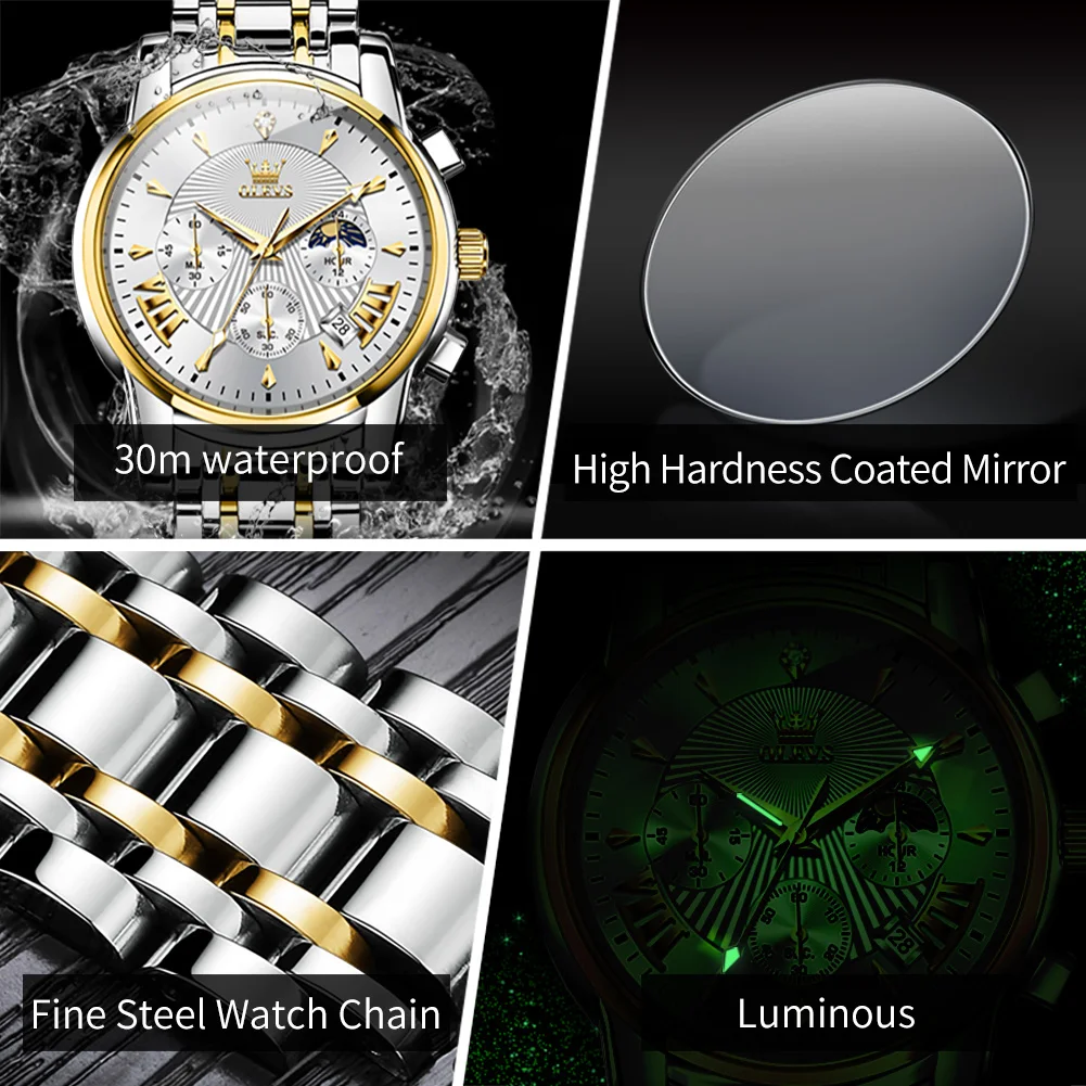 OLEVS Luxury Brand Quartz Watch for Men Waterpoof Chronograph Men's Wristwatch Auto Date Dual Calendar Moon Phase Man Watch New images - 6
