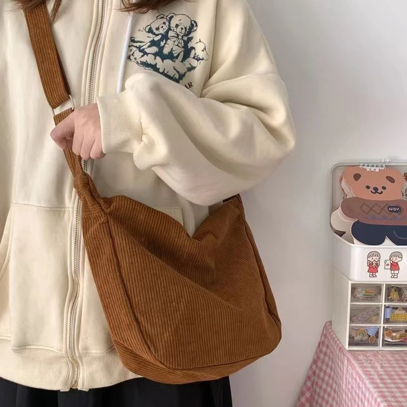 Women's Corduroy Crossbody Bag Korean Casual Lazy Style Shoulder Purse Large Capacity Solid Color Handbag