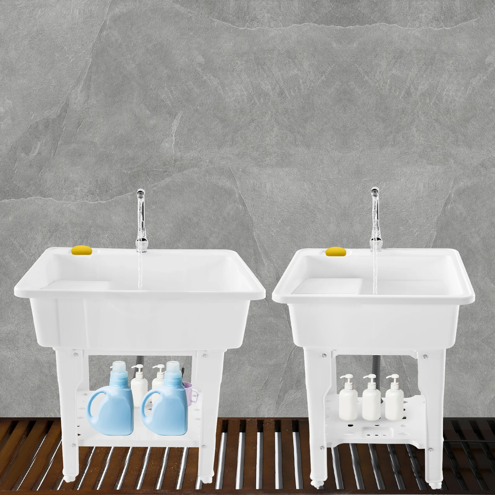 Small/Large Utility Sink with Cold and Hot Water Faucet Hoses and Drain Kit Freestanding Plastic Laundry Sink with Washboard 2