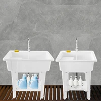 Small/Large Utility Sink with Cold and Hot Water Faucet Hoses and Drain Kit Freestanding Plastic Laundry Sink with Washboard 2