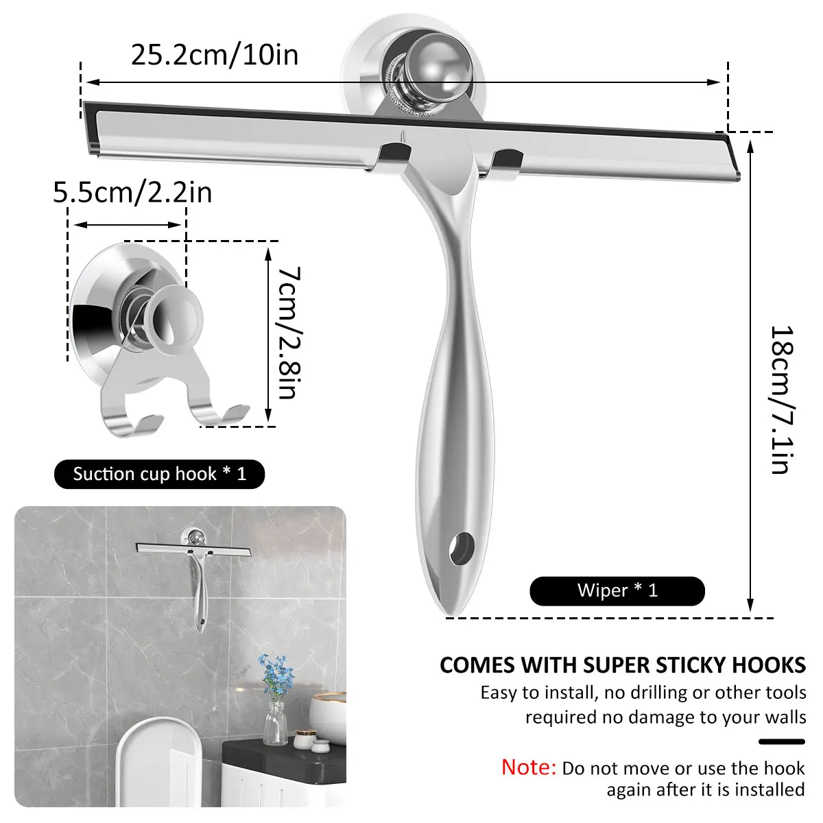 Window Cleaning Squeegee Cleaning Squeegee Window Cleaning Tool Shower Squeegee Stainless Steel Shower Squeegee with Suction Cup Window Glass Squeegee Multi-Purpose Cleaning Tool For Bathroom Kitchen Car
