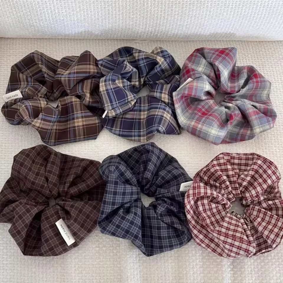 Vintage Korean Plaid Hair Band Scrunchies - Retro Elastic Ponytail Accessories