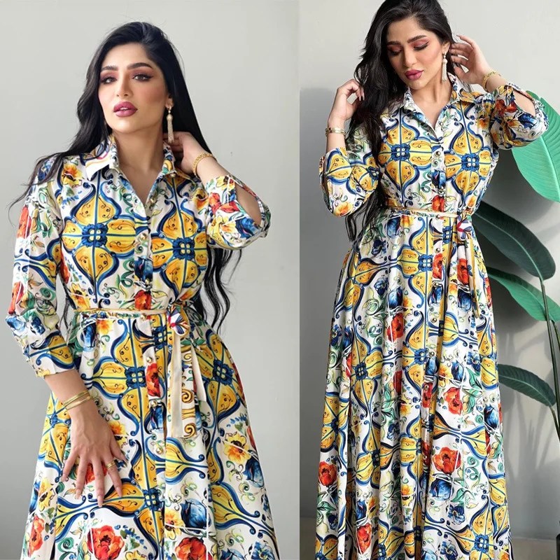 

Ethnic Print Maxi Dress for Women 2023 Lapel Single-breasted Dubai Floral Abaya Arabic Oman Middle East Muslim Clothes