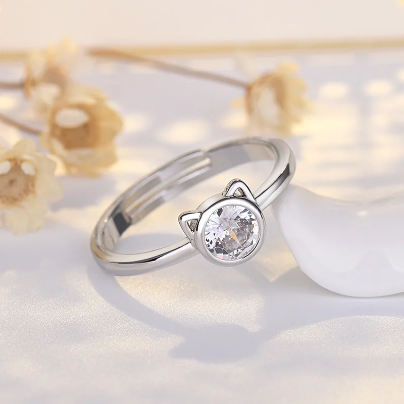 Silver Stainless Steel CZ Cat Rings for Women Personality Cute Cat Open Ring Creative Jewelry Party Gift