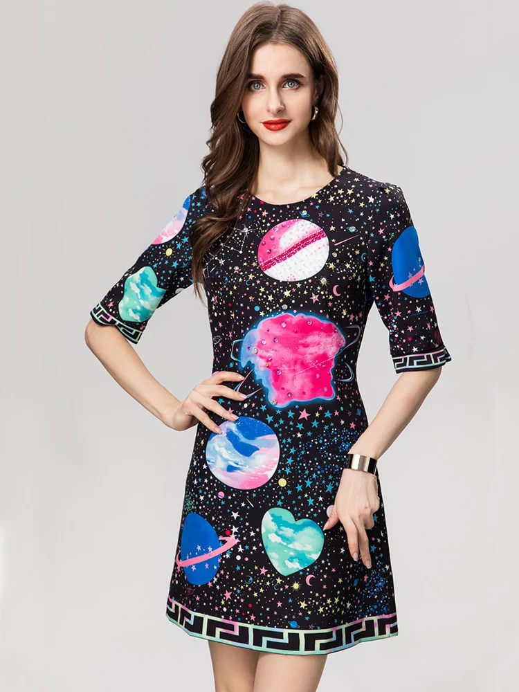 Primavera Estate Cielo Luna Stella Stampa Vestito Donna O-Collo Manica Corta Perline Mini Abiti