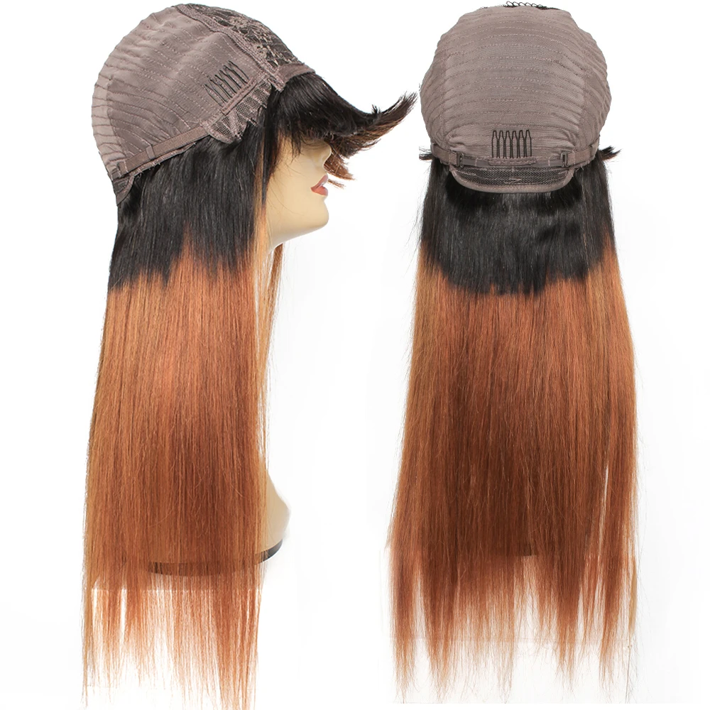 30 Human Hair Wigs with Bang Ombre Ginger Brown Straight Wear go Machine Made Wig with Neat Fringe for Women Full Wig Bobbi 1B
