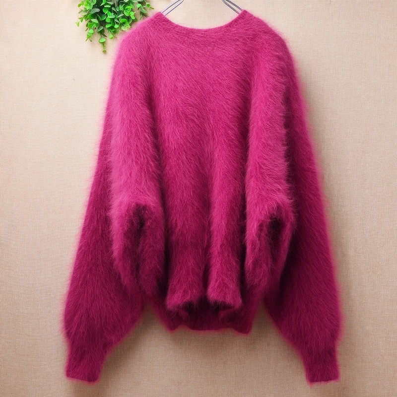 

Female Women Fall Winter Clothing Hairy Plush Mink Cashmere Knitted O-Neck Long Batwing Sleeves Loose Pullover Jumper Sweater