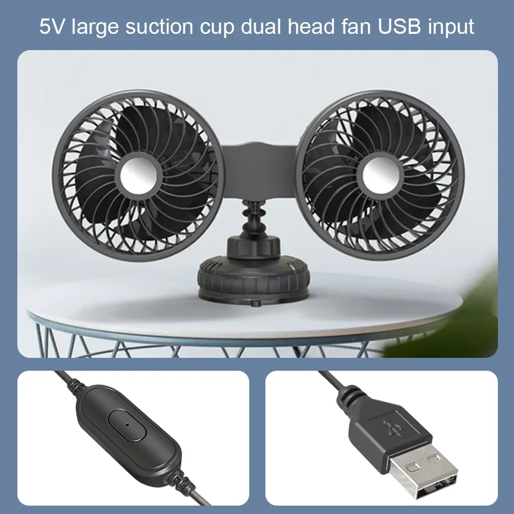 Car Cooling Fan USB Charging Auto Ventilation Fan Dual Head Electric Car Cooler 360 Degree Rotation Three Gears for Vehicle SUV