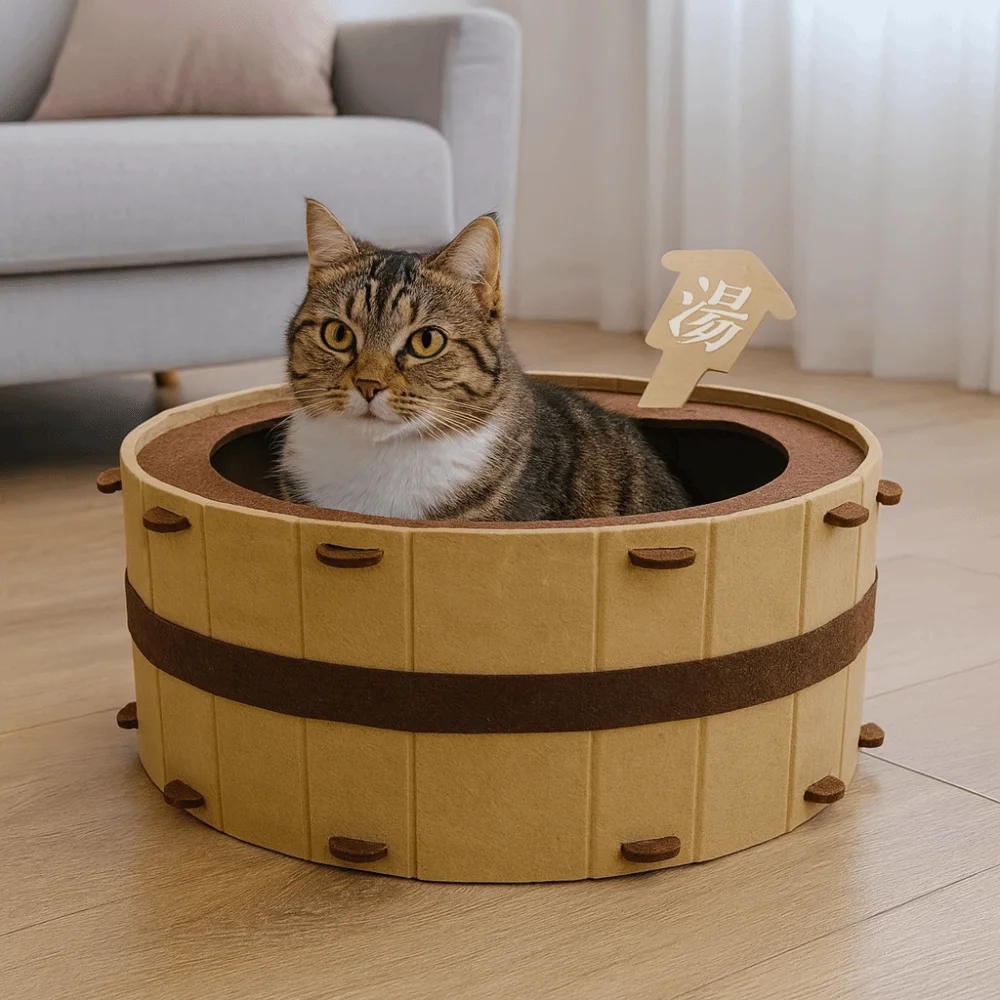Funny Semi-Enclosed Bathtub Cat House Wear-resistant Comfortable Cat Bed Cave Barrel Shape Detachable Felt Cat Bed Sleeping