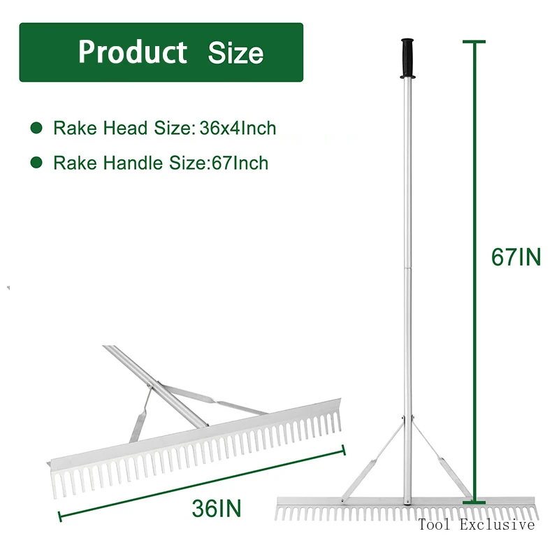 Aluminum Landscape Rake 36" Leaf Rake Tool For Loosening SoilLawn Care Weeding Lake Garden Pond Beach Landscaping Garden Tools
