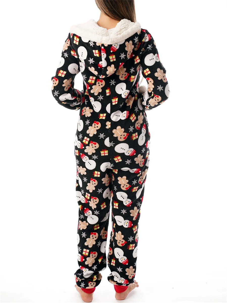 Christmas Jumpsuit Pajamas Women Plaid Print Warm Long Sleeve Sleepwear Xmas Cute Zipper Up Hooded Overall Rompers