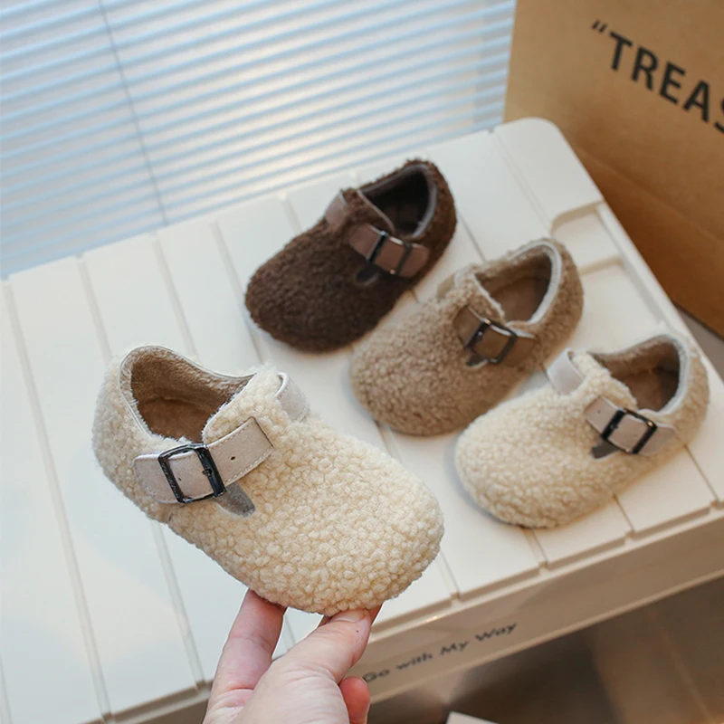 Soft Lambswool Fleece Shoes for Toddler Kids Winter Thick Plush Loafers Girls  Boys Brand Design Buckle Belt Warm Flat Zapatos