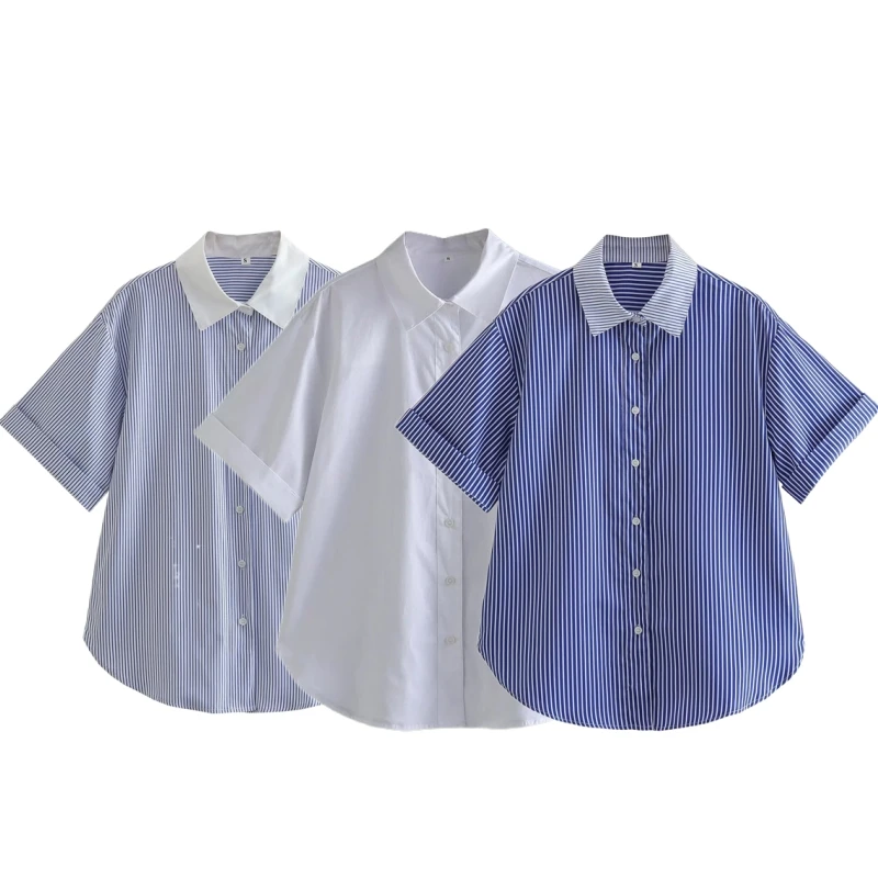 

2023 Women's Summer New Lapel Short-sleeved Striped Stitching Contrast Color Shirt Casual Loose Fashion Top