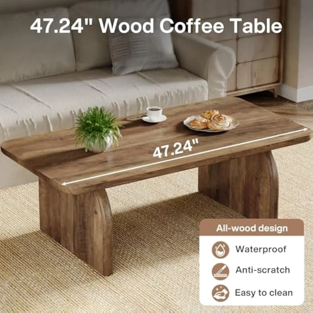 Rectangle Coffee Table, 47-Inch Wood Rectangular Living Room Table, Farmhouse Accent Center Table Low Cocktail Tea Table with S 6