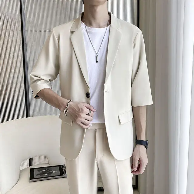 Summer New Three Quarter Suit Jacket 2023 Male  Solid Color Blazers Thin Style Casual Black Loose Button Men's Clothing