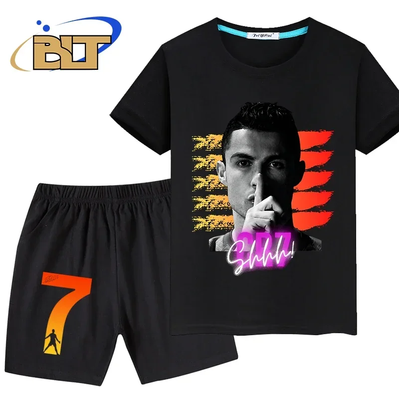 Ronaldo head print summer children's clothing kids T-shirt set pure cotton short-sleeved shorts 2-piece set boys and girls gifts 1
