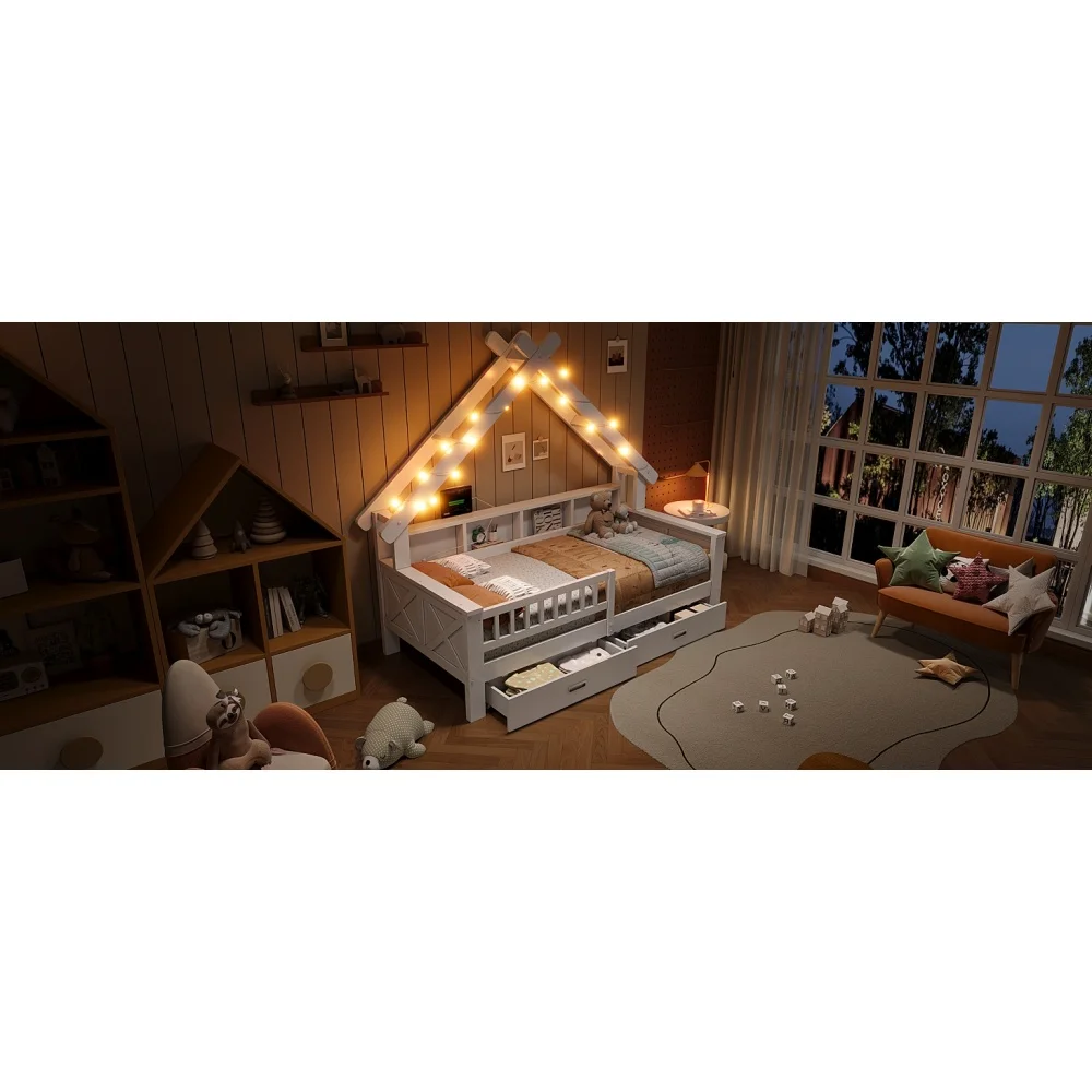 90 x 200 cm/140 x 200 cm großes Plattformbett aus Holz in Hausform, mit LED-Beleuchtung, Ablagefächern, Schubladen und Schutzgitter – Detail 15