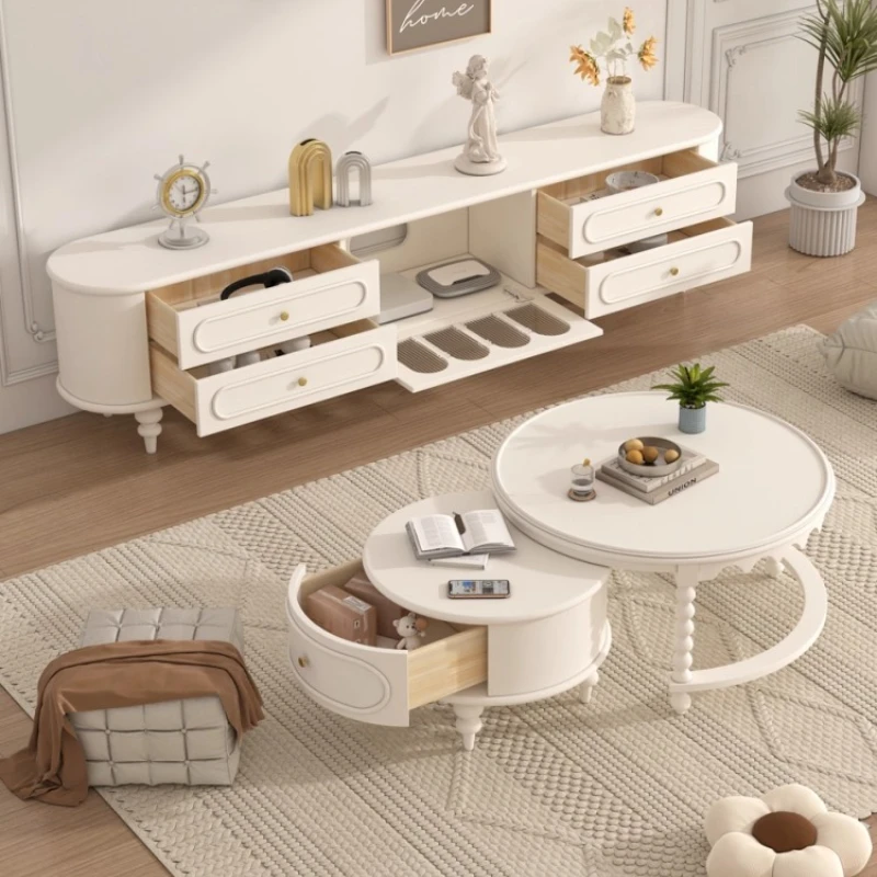 Crafted French Solid Wood TV Console Glass Coffee Table Cream Tone Finish Living Room Luxury Flair Space Saving Corner Solution