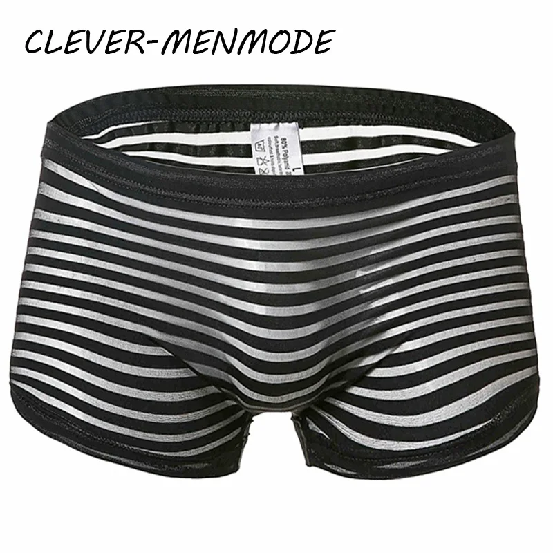 Men's Sexy Underwear See Through Breathable Mesh Boxer Shorts Transparent Striped Underpants Comfortable Male Hombre Thin Soft