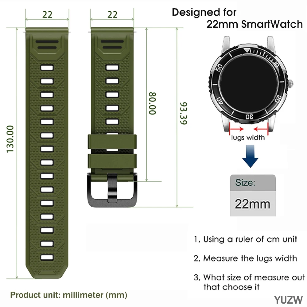 Enhanced Silicone Sports Strap, 22mm