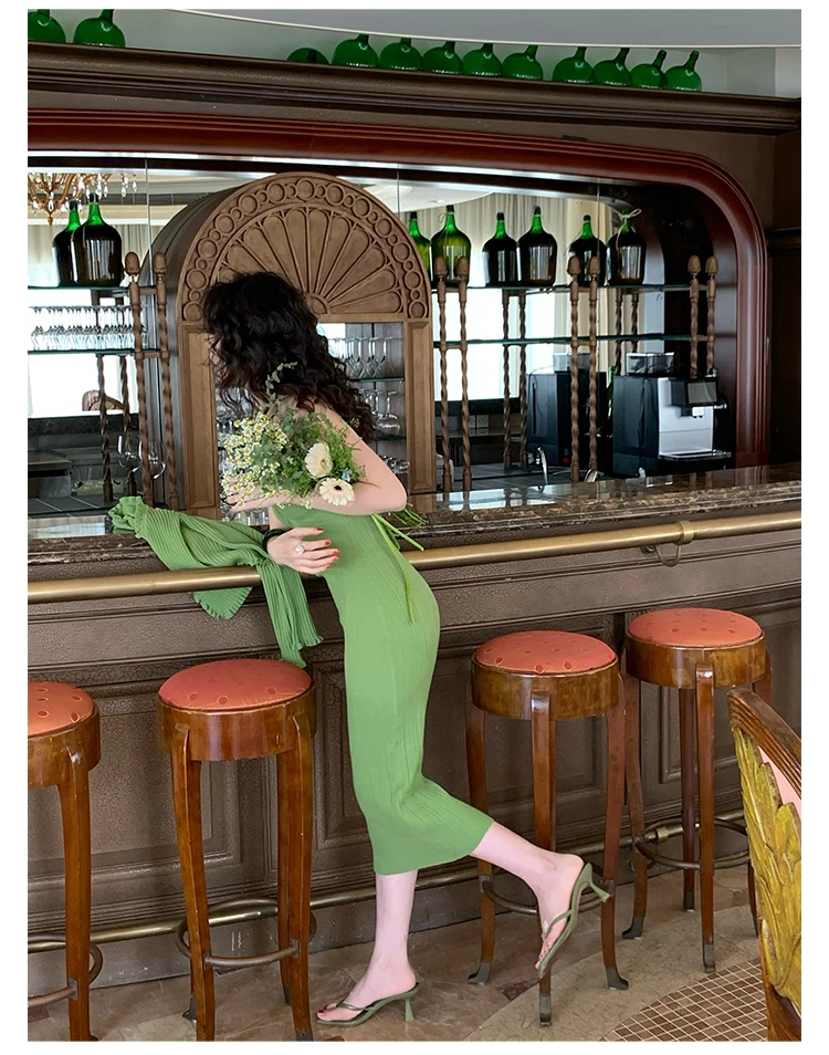 Vintage Chic Knitted 2-piece Dress Set Women Crop Cardigan V-neck Spaghetti Strap Bodycon Midi Dress Autumn New Female Clothing