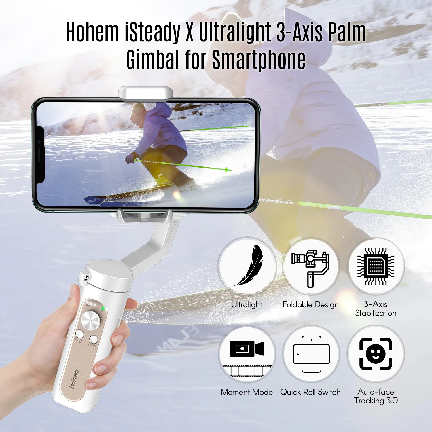 Hohem iSteady X Ultralight 3-Axis Palm Gimbal Handheld Stabilizer Foldable Design One-Click Inception Mode with Moment Mode ISteady 3.0 Anti-Shake Algorithm System Compatible with Smartphone 
