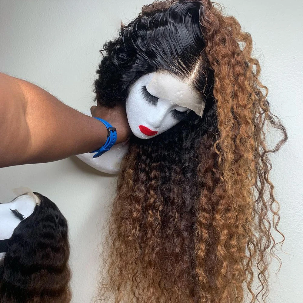 Lace Front Wig Synthetic Hair Wigs Long Soft Glueless 180Density 26&ldquo; Ombre Blond Kinky Curly Lace Front Wig For Women BabyHair Preplucked Heat Resistant Daily