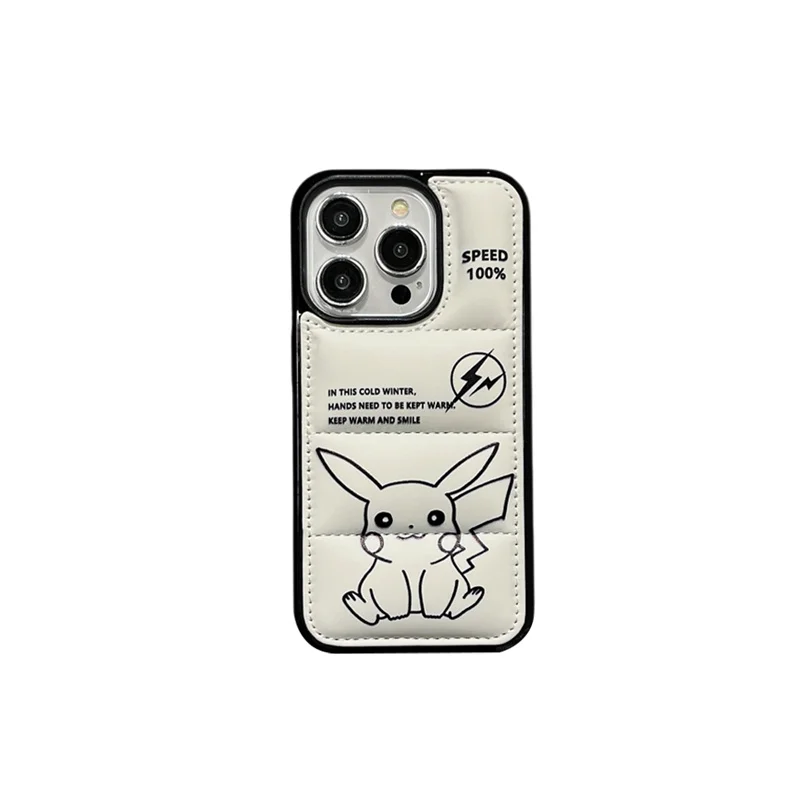 Fashion Anime Pokemon Pikachu Down Jacket Puffer Case for iPhone 15 14 13 12 11 Pro Plus Silicone