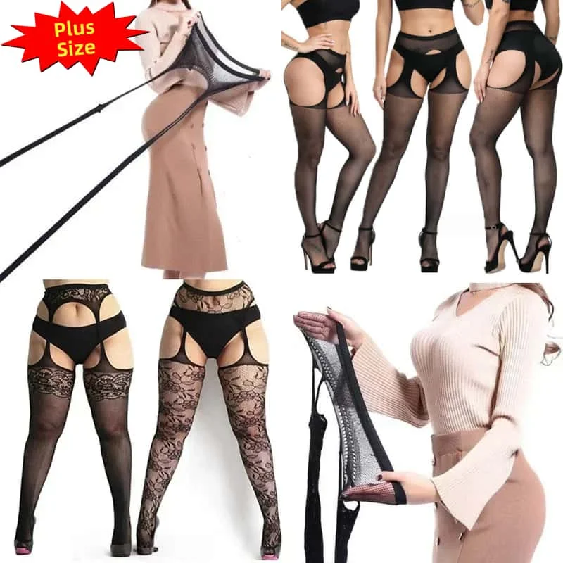 Black Fishnet Hose Plus Size Fishnet Stockings With Attached Lace Garter  Belt - One Size, Black Lace Plus Size Garter Belts For Women