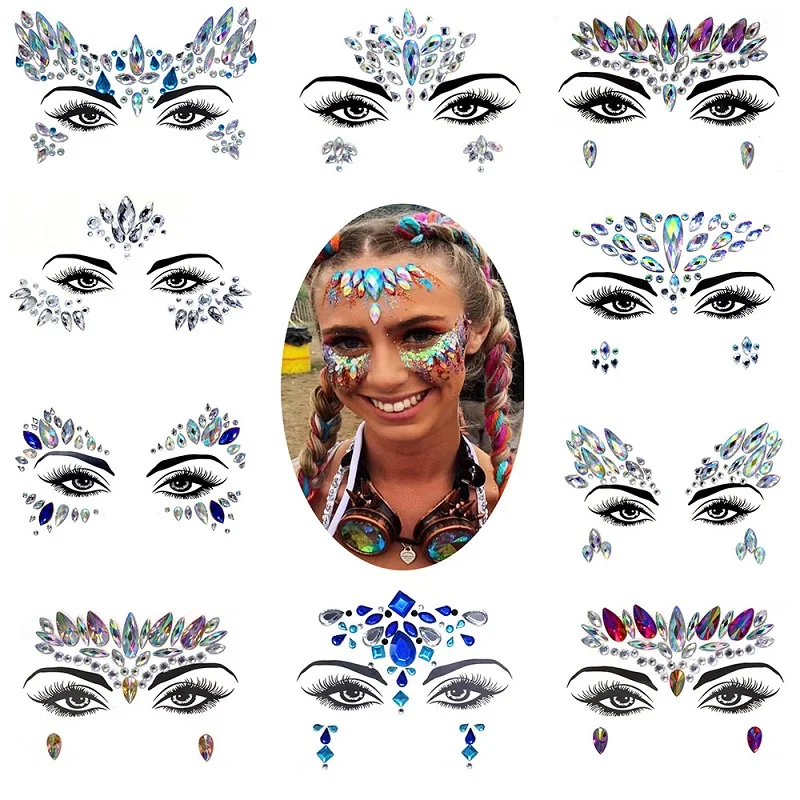3D Rhinestone Bright Face stickers for festival Glitter Makeup Jewelry Sticker on Face crystals Gems jewels diamonds decoration 2