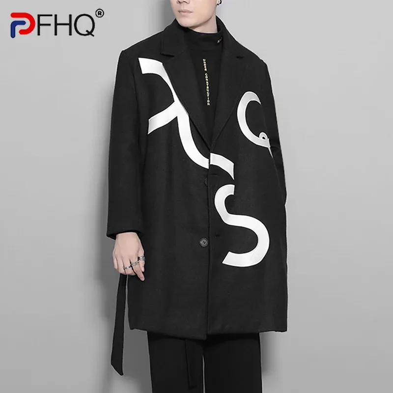

PFHQ Trendy Contrasting Embroidery Medium Length Woolen Coat Men's Autumn Warm Comfortable Loose Darkwear Windbreakers 21Z3302