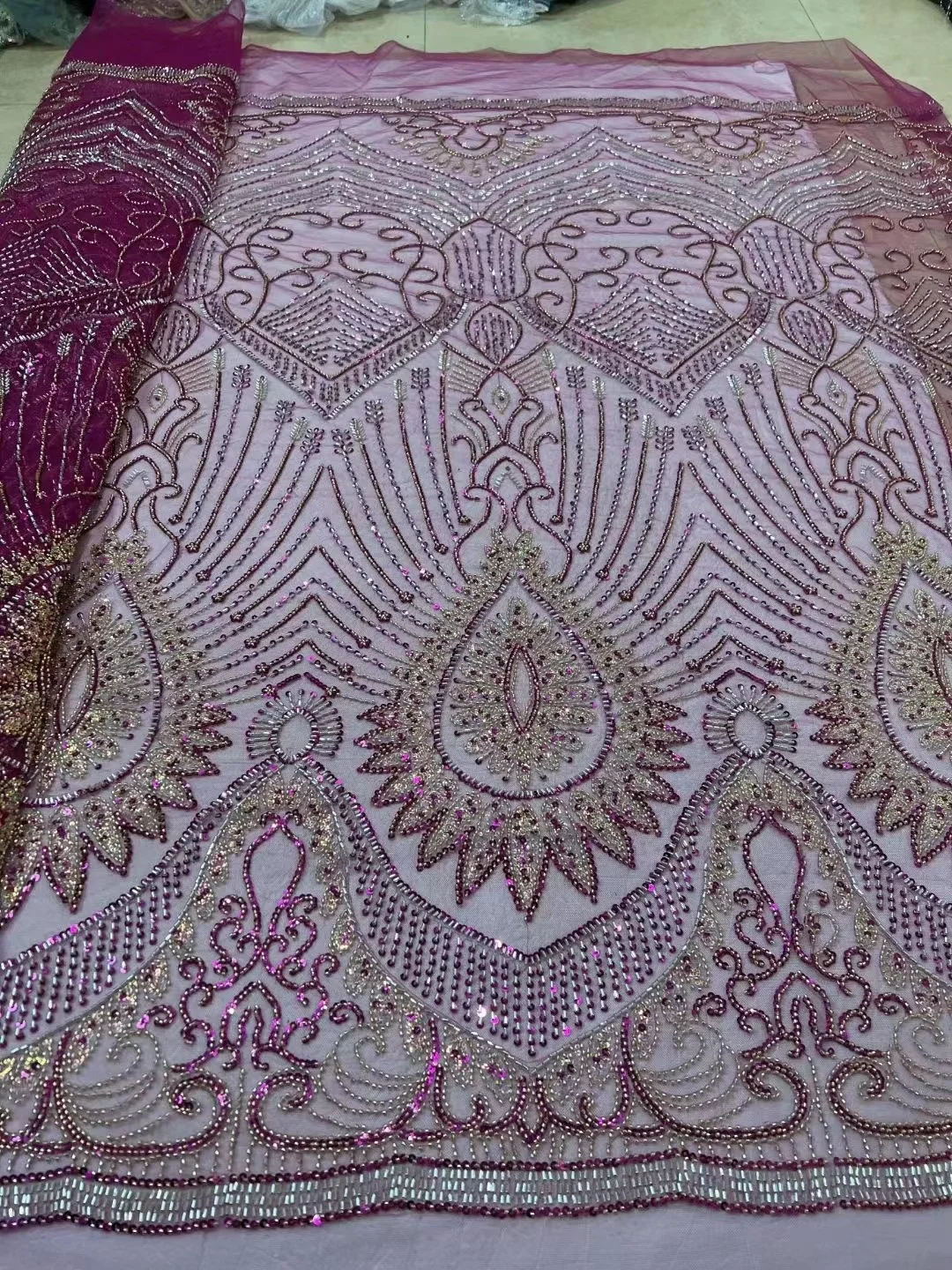 

2023 Green Nigerian Sequins Lace Fabric High Quality French Beaded Lace Fabric African Tulle Lace Fabric For Wedding