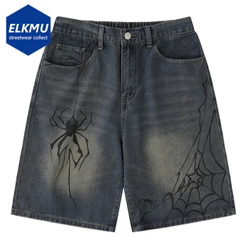 Y2K Blue Denim Shorts Spider Cobweb Printed Summer Loose Casual Jeans Shorts Fashion Harajuku Hip Hop Streetwear Shorts for Men 1