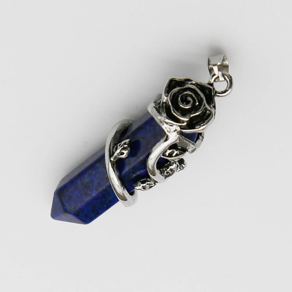 Free Shipping Natural Crystal Gem Hexagram Ancient Silver Rose Pendant Necklaces DIY Fashion Jewelry Accessories Wholesale 5Pcs