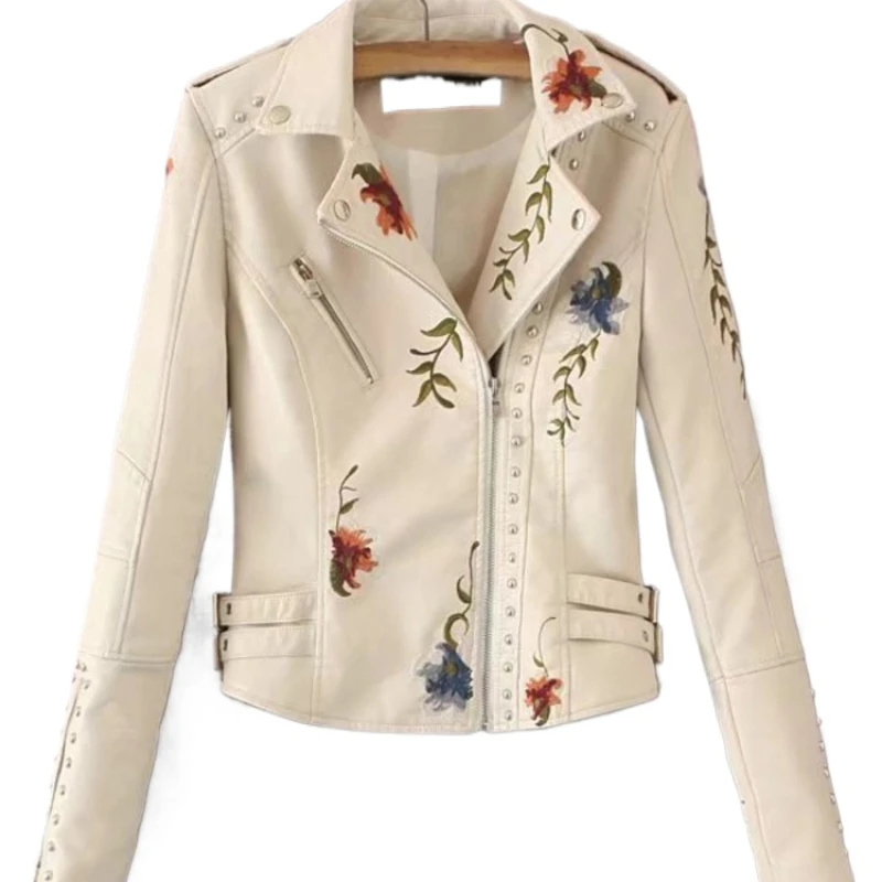 

PU Leather Embroidered Rivet Coat Moto & Biker Streetwear Zipper Overcoat Women's Jackets 2024 Spring Clothes B110