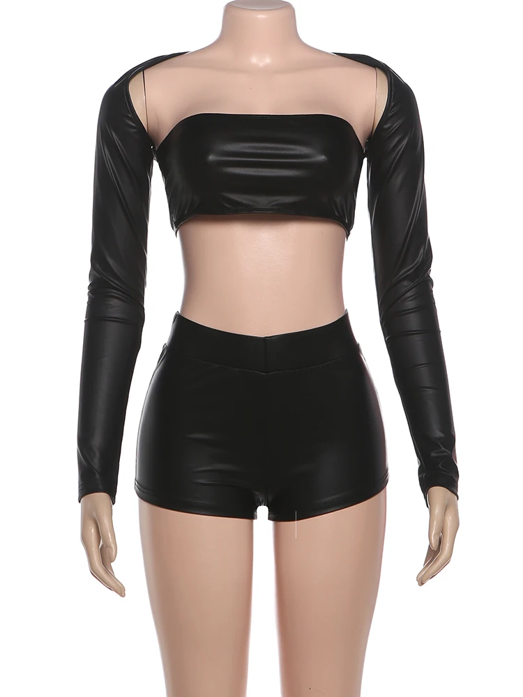 Nibber Sexy Faux Leather 3-Piece Set Women Long Sleeve Crop Tops+Strapless+Mini Shorts Midnight Hottie Slim Matching Wild Suits