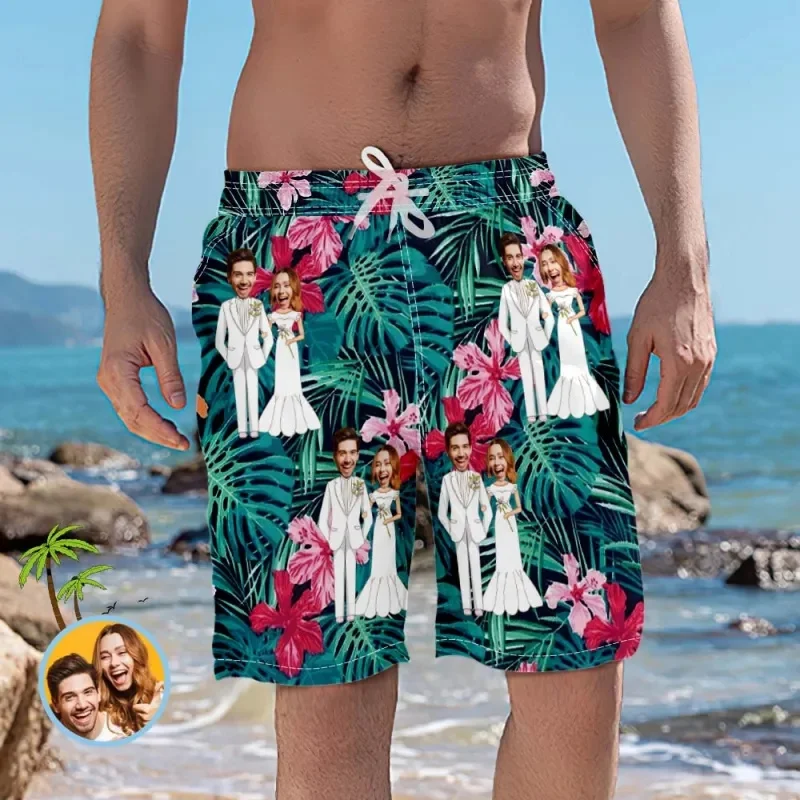 Custom Couple Face Beach Shorts Romantic Wedding Short Pants Funny Pineapple Shorts Comfortable Swim Trunks Best Wedding Gift 3