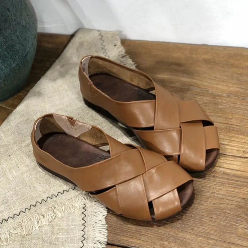 

YourSeason Women Handmade Cowhide Woven Sandals Vintage Peep Toe Soft Flats Sole Shallow Ladies Slip-on Shoes Genuine Leather