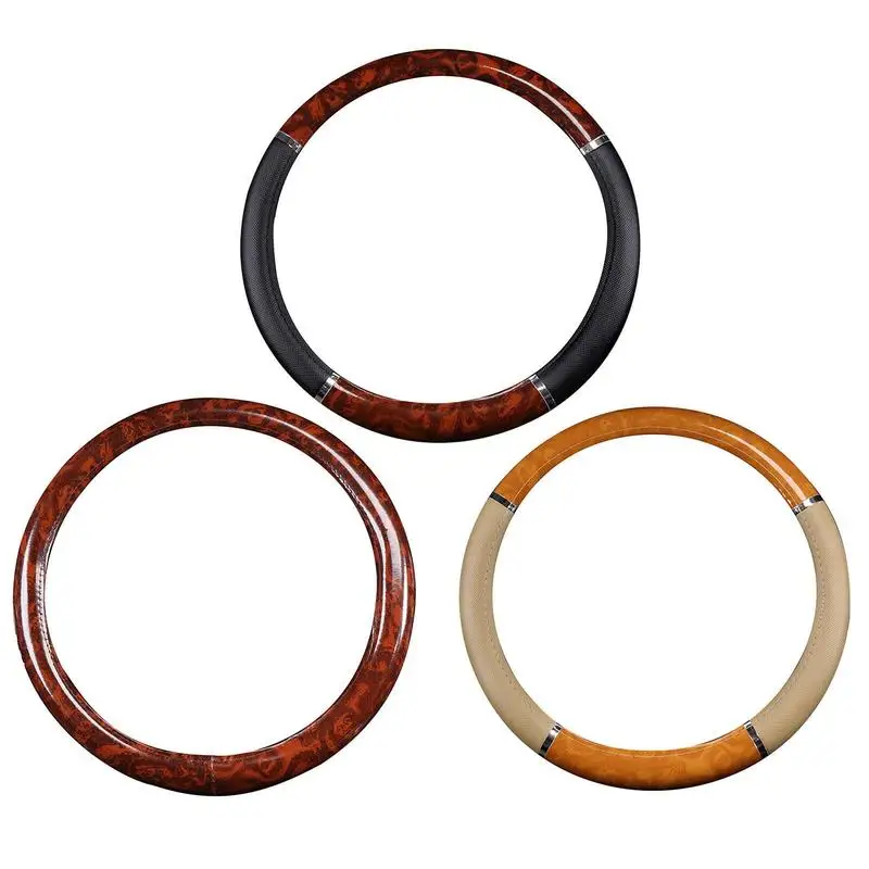

Premium Car Steering Wheel Cover Wood Grain Leather High Quality Wheel Wrap Anti Slip Comfortable Automotive Grip Universal Fit