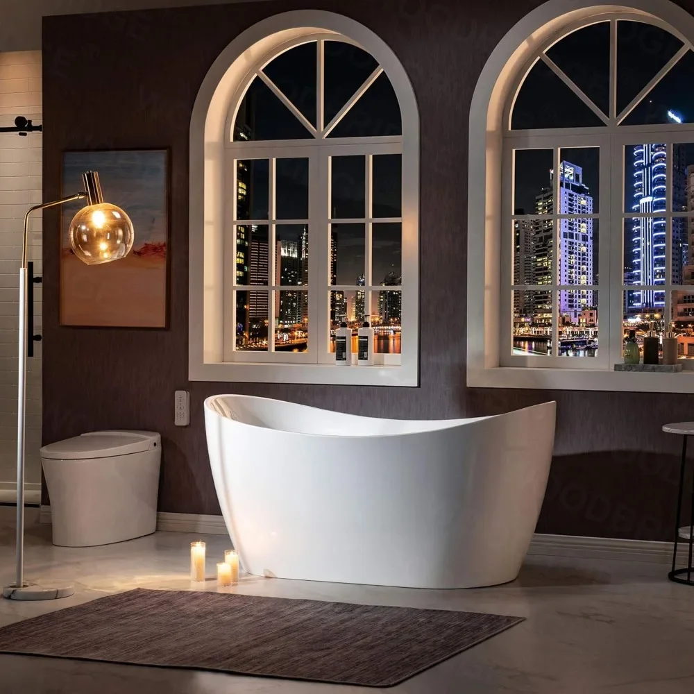 59" Freestanding Bathtub with Bathtub Spa Pillow，Contemporary Soaking Tub with Matte Black Overflow and Drain，luxury Bathtub 4