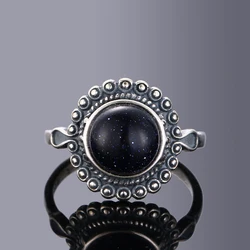 Elegant S925 Silver Blue Sandstone Ring - Retro Design for Women, Perfect for Engagements, Weddings, Birthdays, and Parties (R15BS)