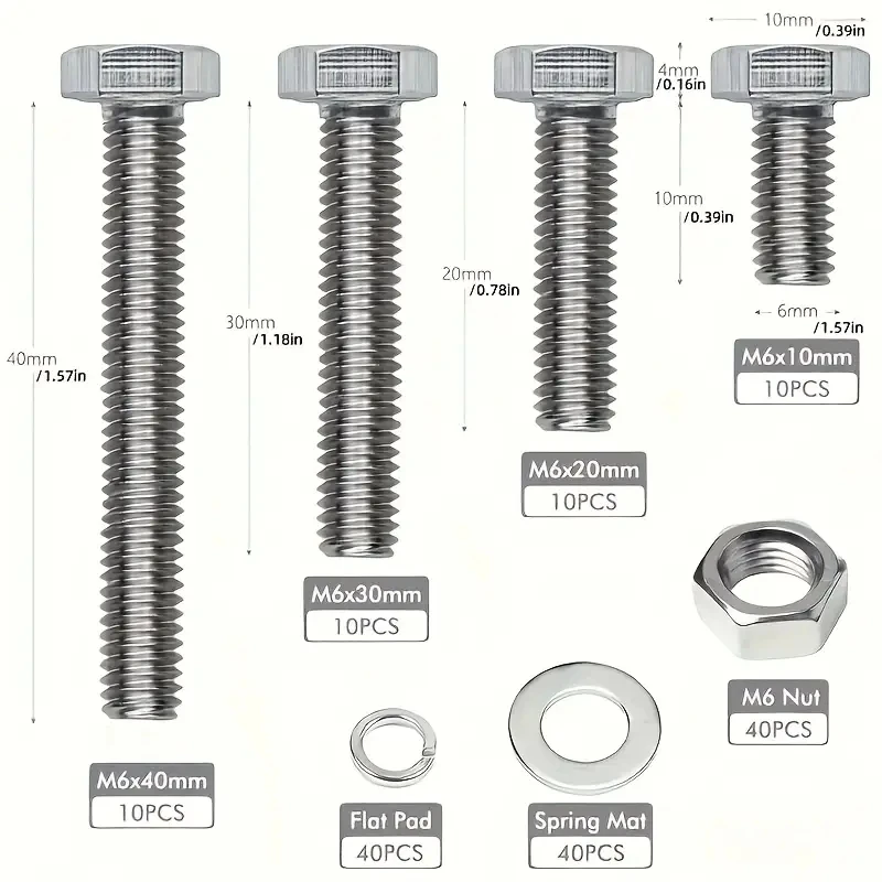 160 GUTEBANG M6 stainless steel bolt and nut kit-Heavy duty hexagonal screw with flat washer and spring washer.
