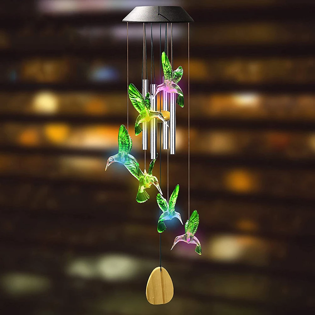LED Colorful Solar Power Wind Chime Crystal Hummingbird Butterfly Waterproof Outdoor Windchime Solar Light for Garden 1